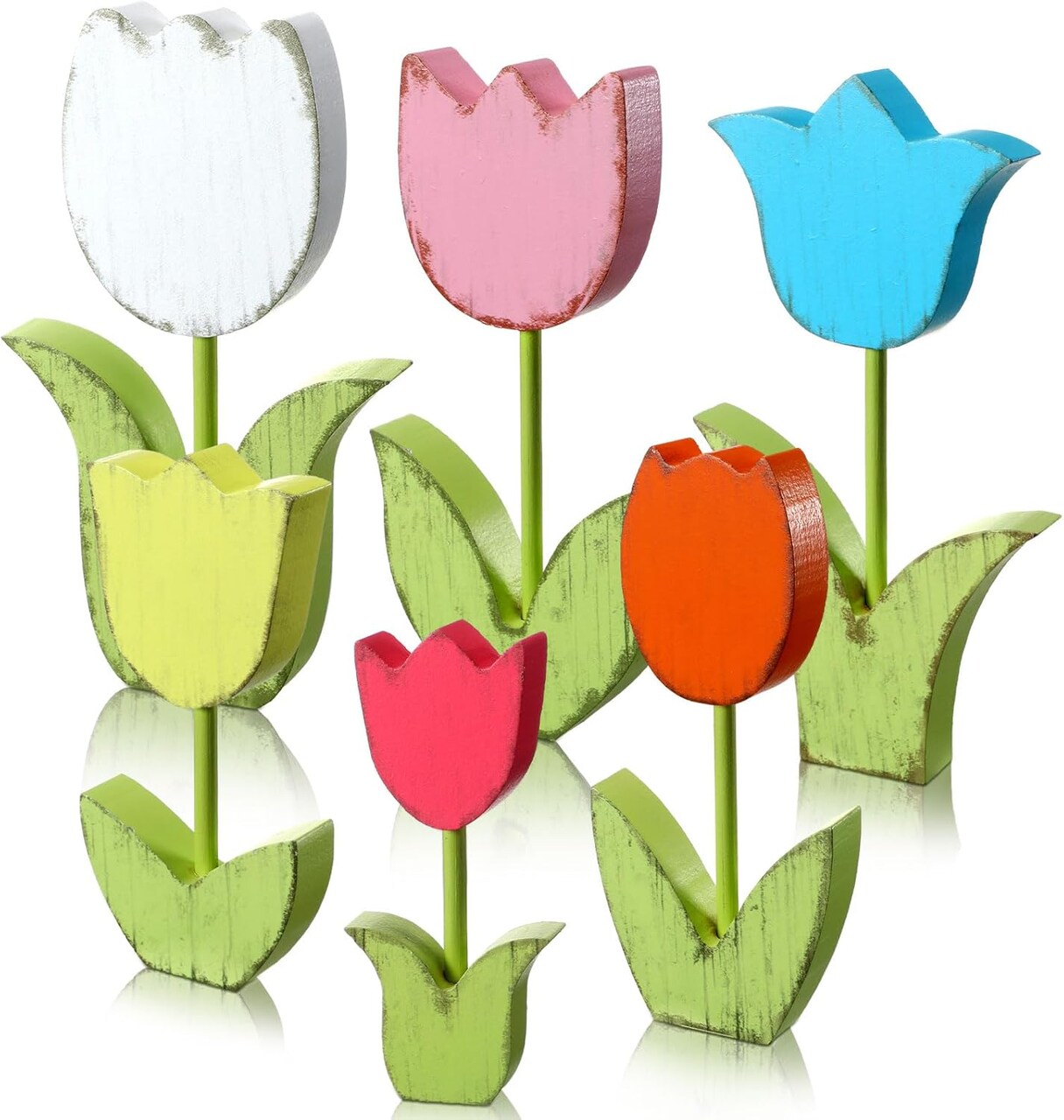 6 Pcs Retro Spring Tulips Wood Signs Rustic Farmhouse Tulip Table Centerpiece Multicolor Floral Block Tabletop Signs Spring Decoration